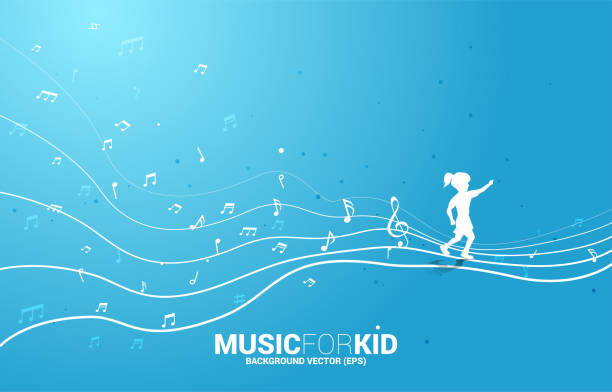 istock Vector silhouette of girl running with dancing flow shape music note . 1203067514