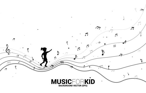 Vector silhouette of girl running with dancing flow shape music note . Concept background  music for kid and children. juvenile musician stock illustrations