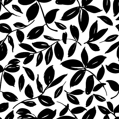 Black ink leaves hand drawn vector seamless pattern. Grunge freehand plant branches on white monochrome texture. Natural background. Botanical textile print, wallpaper, wrapping design