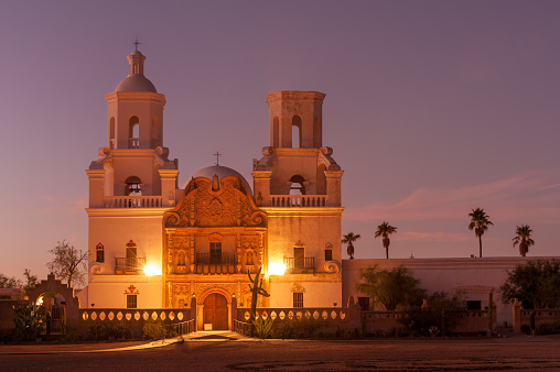 Mission San Xavier del Bac (famous White Dove of the Desert) in Tohono O'odham Indian Reservation, Arizona, USA