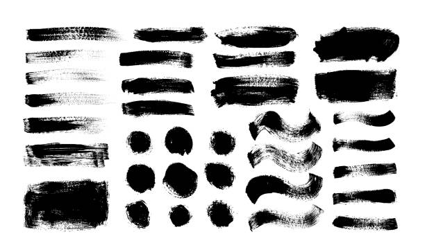 ilustrações de stock, clip art, desenhos animados e ícones de dry brush strokes vector set. hand drawn smears, dry stripes, brush lines, black circles and boxes. - vector illustration and painting abstract acrylic