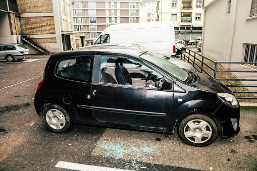 Strasbourg, France - Jan 1, 2020: Vandals in Strasbourg, France, marked the start of 2020 by destroying windows of multiple car windows