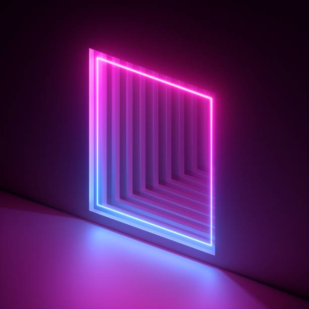 istock 3d render, abstract neon background, pink blue violet light, square hole in the wall. Ultraviolet. Window, open door, gate, portal. Corridor, tunnel entrance. Dramatic scene. Modern minimal concept 1203071417