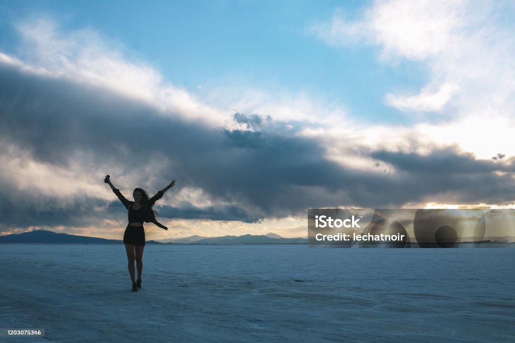 Woman in the middle of the salt desert in Argentina A lone woman walking through the dreamy landscape of the salt desert in Salta, Argentina. Adult Stock Photo
