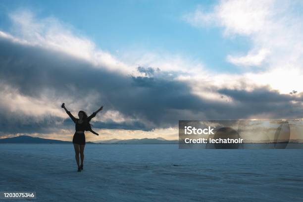 Woman In The Middle Of The Salt Desert In Argentina Stock Photo - Download Image Now