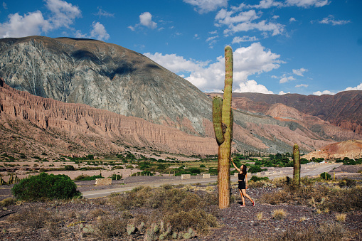 Young woman standing in front of a big cactus and touching it, with dramatic mountains in the background, Salta, Argentina.