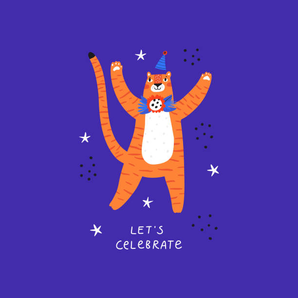 Birthday tiger flat vector illustration with typography Birthday tiger flat vector illustration with typography. Exotic wild animal in bday hat hand drawn character on blue background. Lets celebrate congratulation phrase for postcard design how to draw a cute tiger stock illustrations