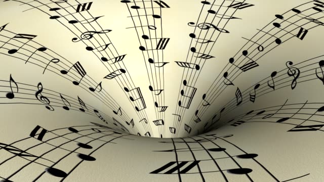 Music notes come out of the hole on old paper background, seamless animation