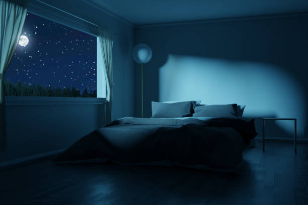 representación en 3d del dormitorio con cama hecha en la noche de luna llena - luz de la luna fotografías e imágenes de stock