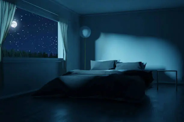 Photo of 3d rendering of bedroom with made bed in the full moon night