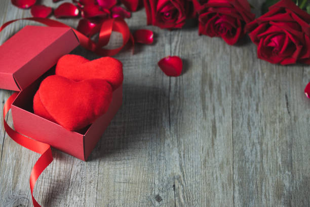 istock Red gift box Inside there is a red heart pillow 1203086866
