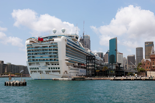 January 13, 2020: Cruise ship Ruby Princess, of Princess Cruises, moored at Circular Quay in Sydney Harbour.