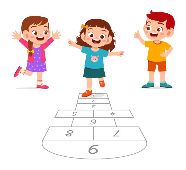 happy cute little kid boy and girl play hopscotch happy cute little kid boy and girl play hopscotch hopscotch stock illustrations