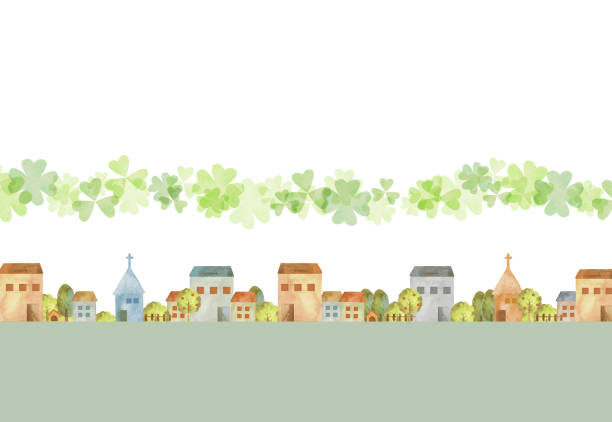 Town landscape with clovers watercolor hometown stock illustrations