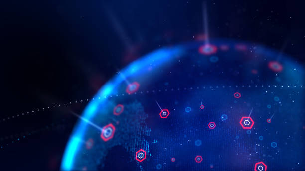 istock Abstract background dot blue world map with hexagon shape for a cyber futuristic concept shallow depth of field 1203102826