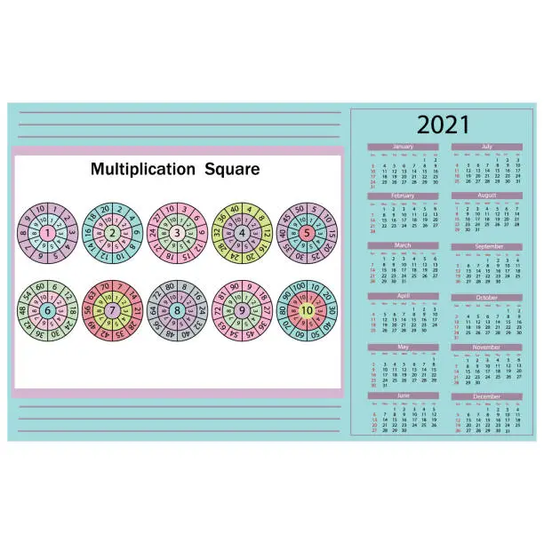 Vector illustration of Calendar for 2021, along with the multiplication table to 10. Vector illustration