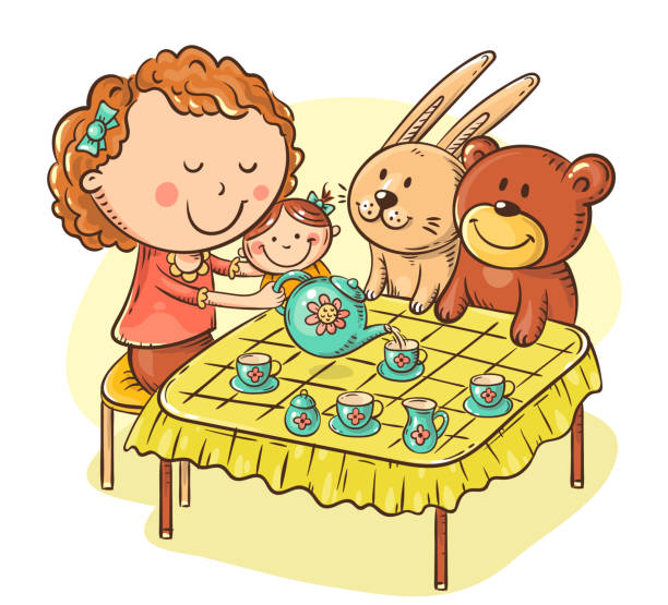 illustrations, cliparts, dessins animés et icônes de la fille joue avec ses jouets faisant la partie de thé à la table avec de petites tasses et une théière - tea party party tea little girls