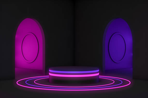 istock 3D Product Stand, Pedestal, Black Background, Neon Lights 1203112936