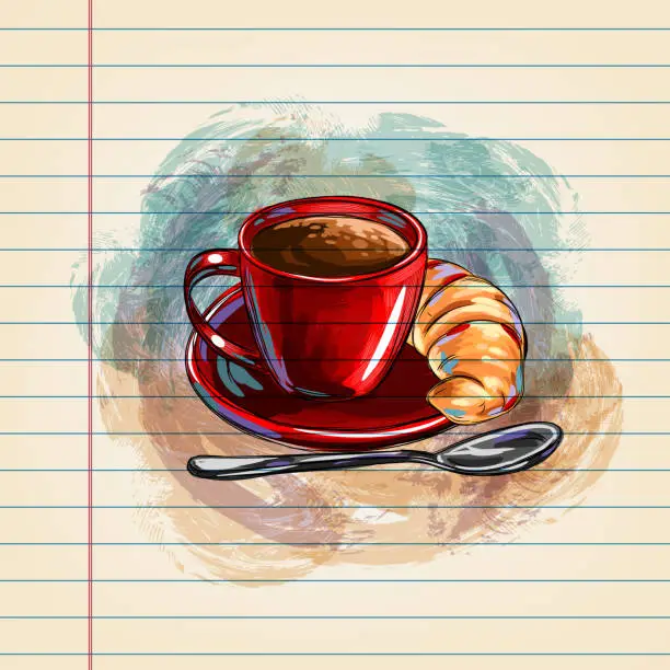 Vector illustration of Coffee Cup and Croissant Drawing on Ruled Paper