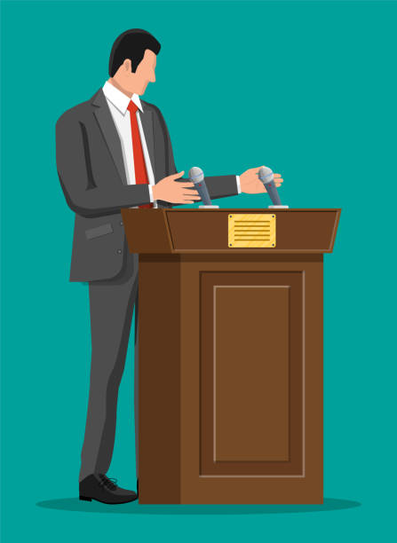illustrations, cliparts, dessins animés et icônes de rostre en bois brun avec des microphones - press conference microphone seminar table