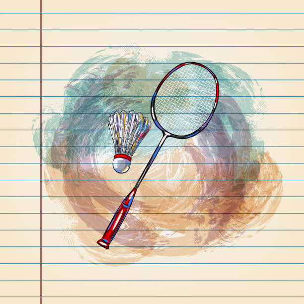 Drawing of Badminton Racket and Shuttlecock in watercolour style on ruled paper. Elements are grouped.contains eps10 and high resolution jpeg.
