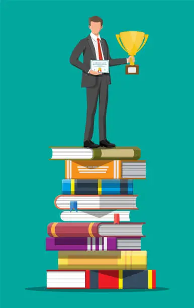 Vector illustration of Businessman with trophy on stack of books.