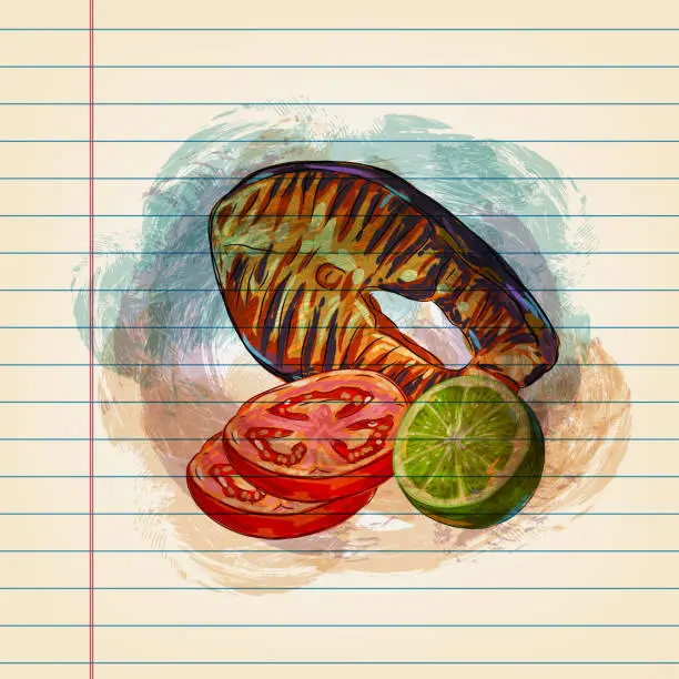 Vector illustration of Grilled Salmon Fish Drawing on Ruled Paper