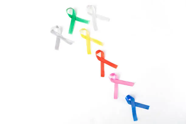 Flat layout of arranged colorful ribbons, isolated in white background