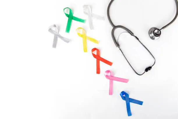 Flat layout of colorful ribbons beside a stethoscope, isolated in white background