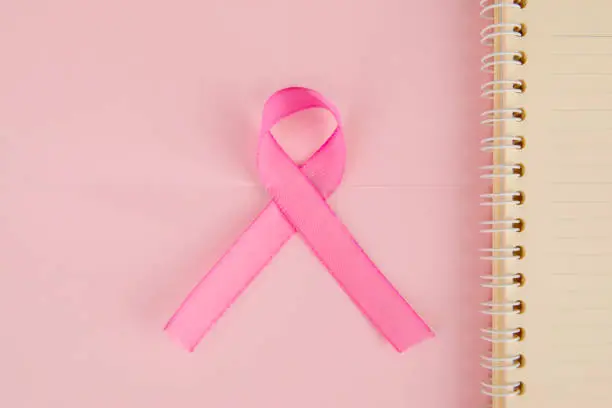 Flat layout of pink ribbon beside a notebook, isolated in pink papers background