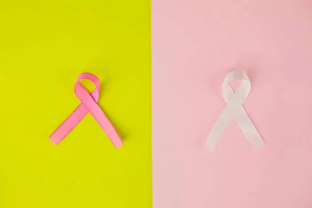 Flat layout of pink and red ribbon lying, isolated on dual layer paper yellow and pink background