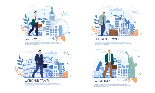 Airline Business Trip Services Flat Vector Banner Work and Travel Flights, Airline Business Class Services Trendy Flat Vector Ad Banners, Promo Posters Set. Businessmen with Briefcases Arriving to Foreign Countries Cities with Plane Illustration business travel stock illustrations