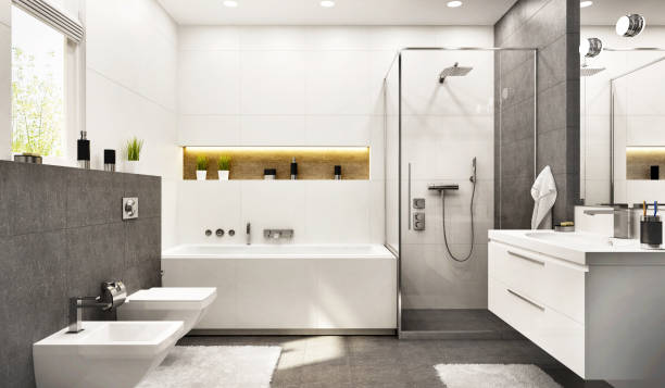 bagno bianco moderno con bagno e finestra - tile bathroom tiled floor marble foto e immagini stock