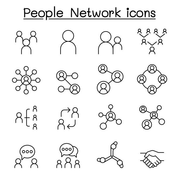 illustrations, cliparts, dessins animés et icônes de réseau social, icône de réseau de personnes réglé dans le modèle mince de ligne - computer network social networking connection togetherness