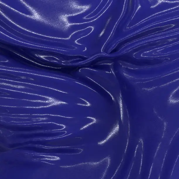 Photo of Abstract and shiny luxury silk cloth in shape of liquid wave with folds. Satin or velvet material background in popular Phantom Blue color. 3d illustration