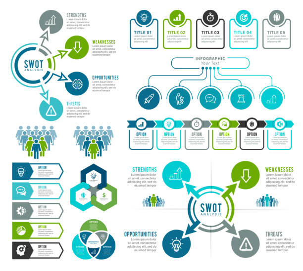 ilustraciones, imágenes clip art, dibujos animados e iconos de stock de elementos infográficos y elementos infográficos de análisis dawo - swot analysis