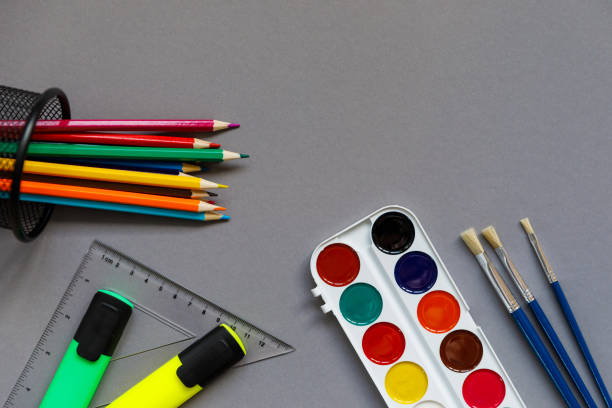 istock Stationery for students, students on a grey background. Ready for school 1203125419