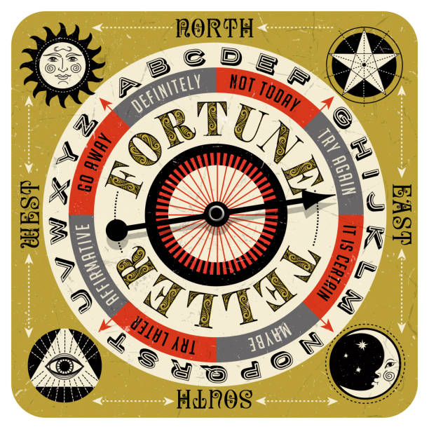 ilustrações de stock, clip art, desenhos animados e ícones de vintage style fortune teller spin game with spinning arrow, answers, letters and mystic symbols. - information medium