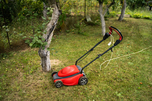 istock lawn mower on a green grass. 1203126797