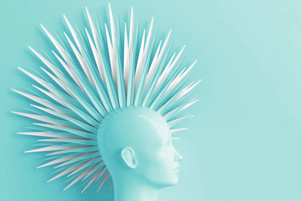 istock Creative blue background with three-dimensional head of a young woman in profile with stylized Mohawk hairstyle. 3D illustration 1203126834
