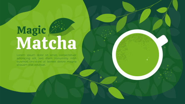 template-design mit magischem grün-tee matcha - matcha tee stock-grafiken, -clipart, -cartoons und -symbole