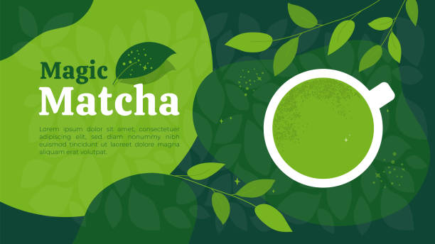 illustrazioni stock, clip art, cartoni animati e icone di tendenza di design del modello con magico matcha di tè verde - green tea illustrations