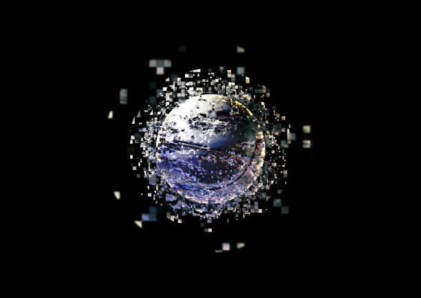 Pixelated metal sphere floating on black background
