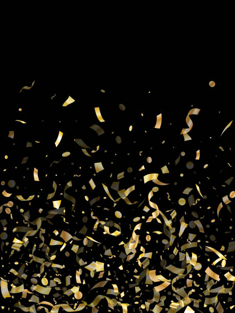 istock Holiday realistic gold confetti flying on black background. 1203128640