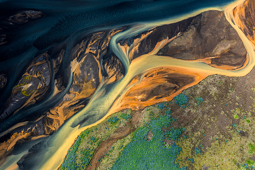 Glacial rivers of Iceland, captured from a helicopter.