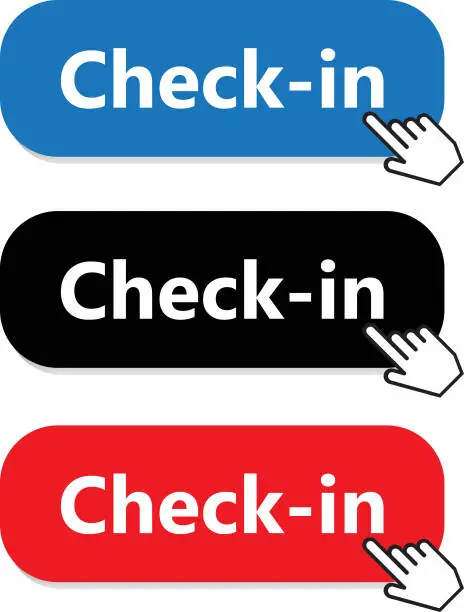 Vector illustration of Check-in Button Collection With Hand Pointer