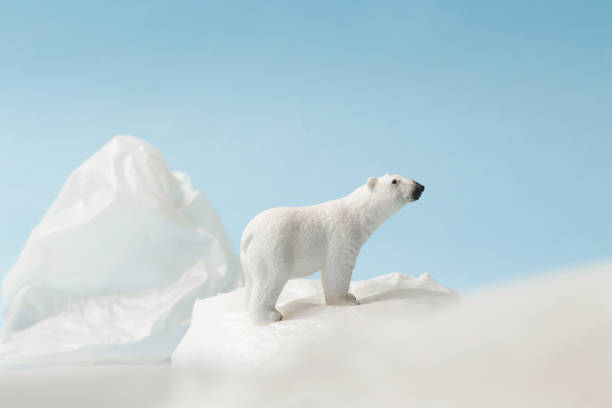 istock White polar bear on plastic bag on blue background, plastic pollution and climate change concept 1203136078