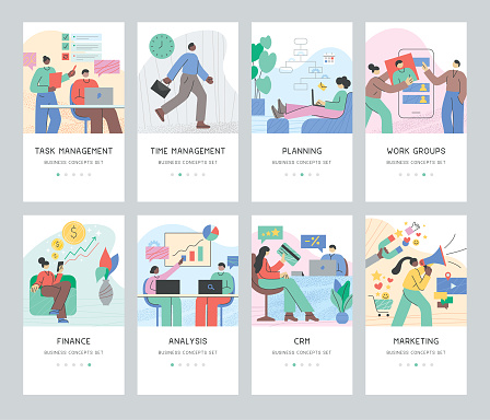 Set of various business people working on different tasks. 
Fully editable vectors for multiple purposes.