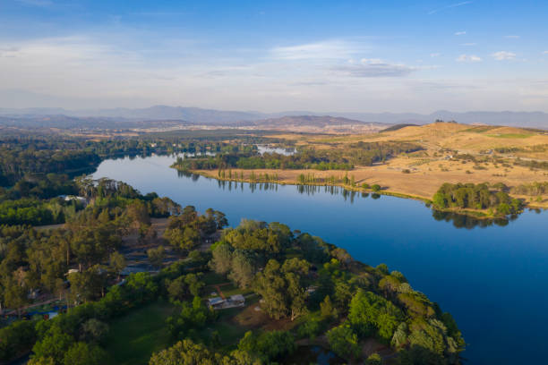 Aerial panoramic view of Lake Burley Griffin looking south toward Molonglo River stock photo