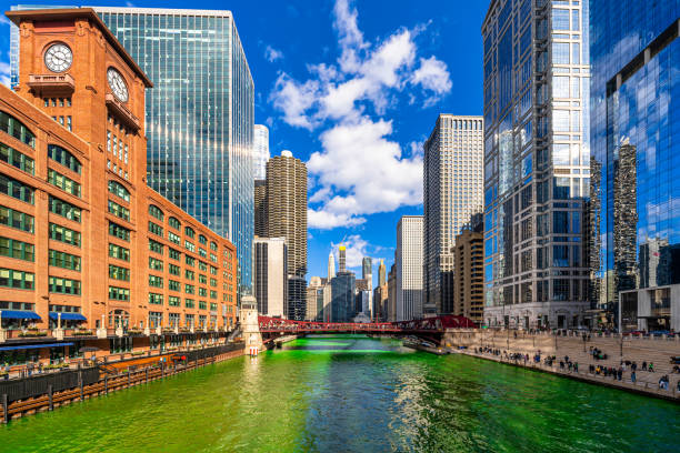 budynek chicago i pejzaż miejski w dniu świętego patryka z zieloną farbującą rzekę - chicago illinois chicago river bridge zdjęcia i obrazy z banku zdjęć